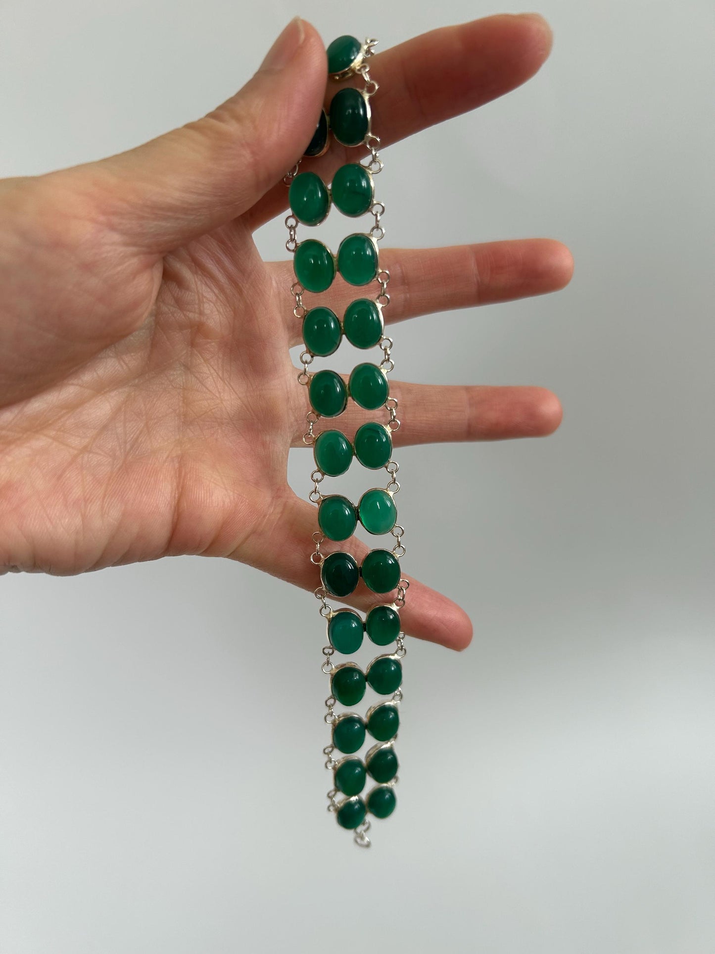 Green Onyx Sterling Silver Cabochon Bracelet, Double Row Statement