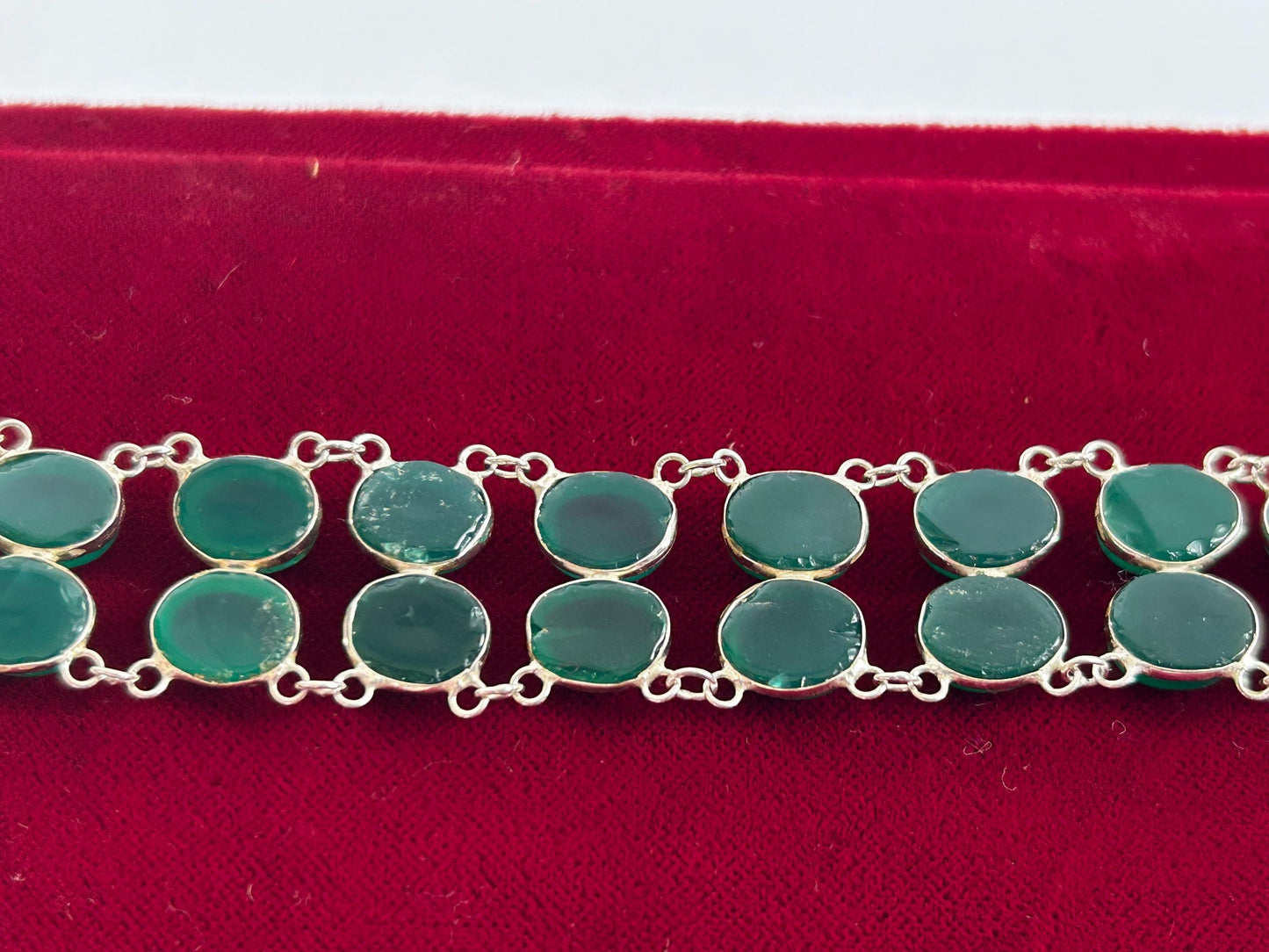 Green Onyx Sterling Silver Cabochon Bracelet, Double Row Statement