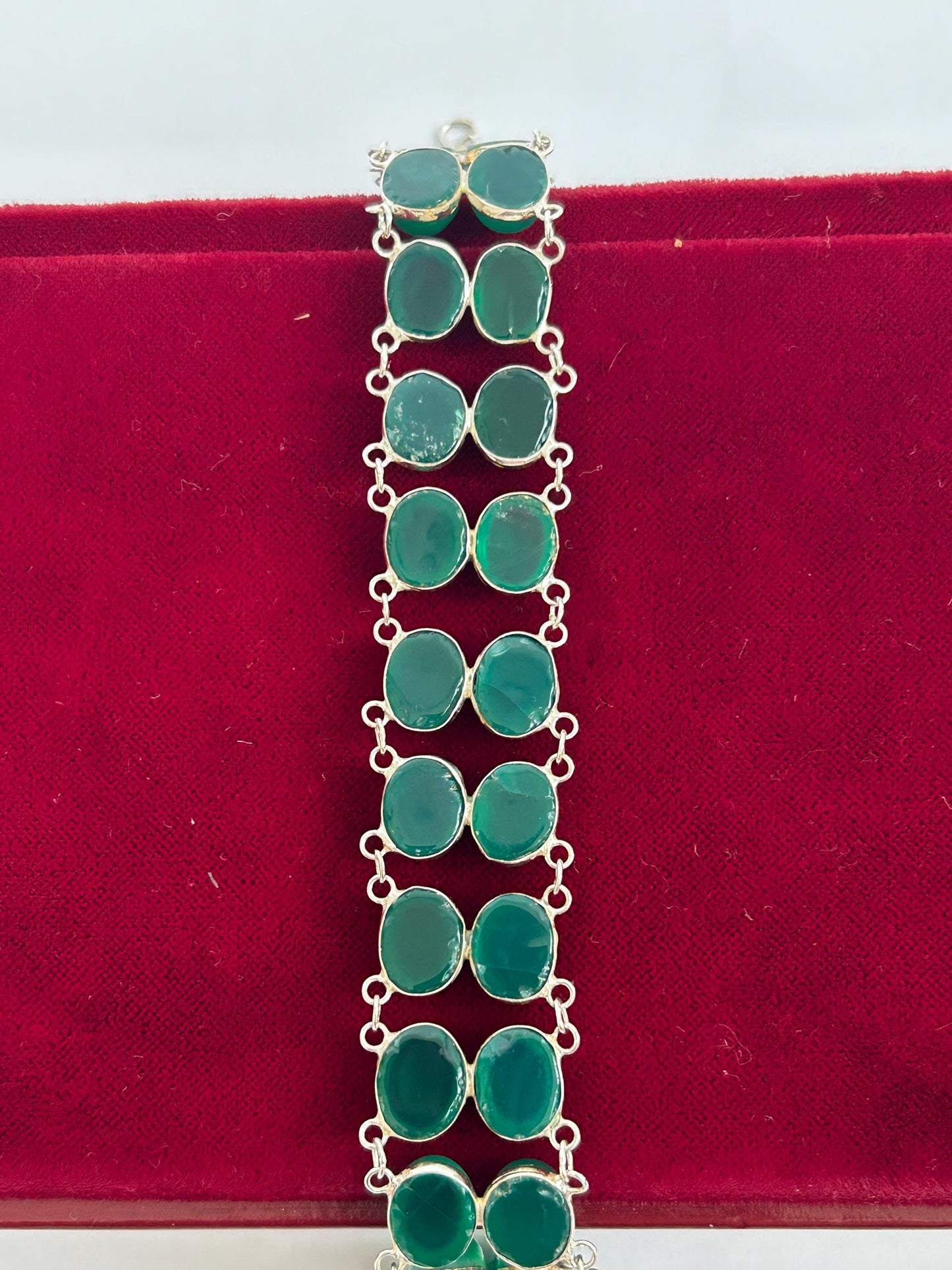 Green Onyx Sterling Silver Cabochon Bracelet, Double Row Statement