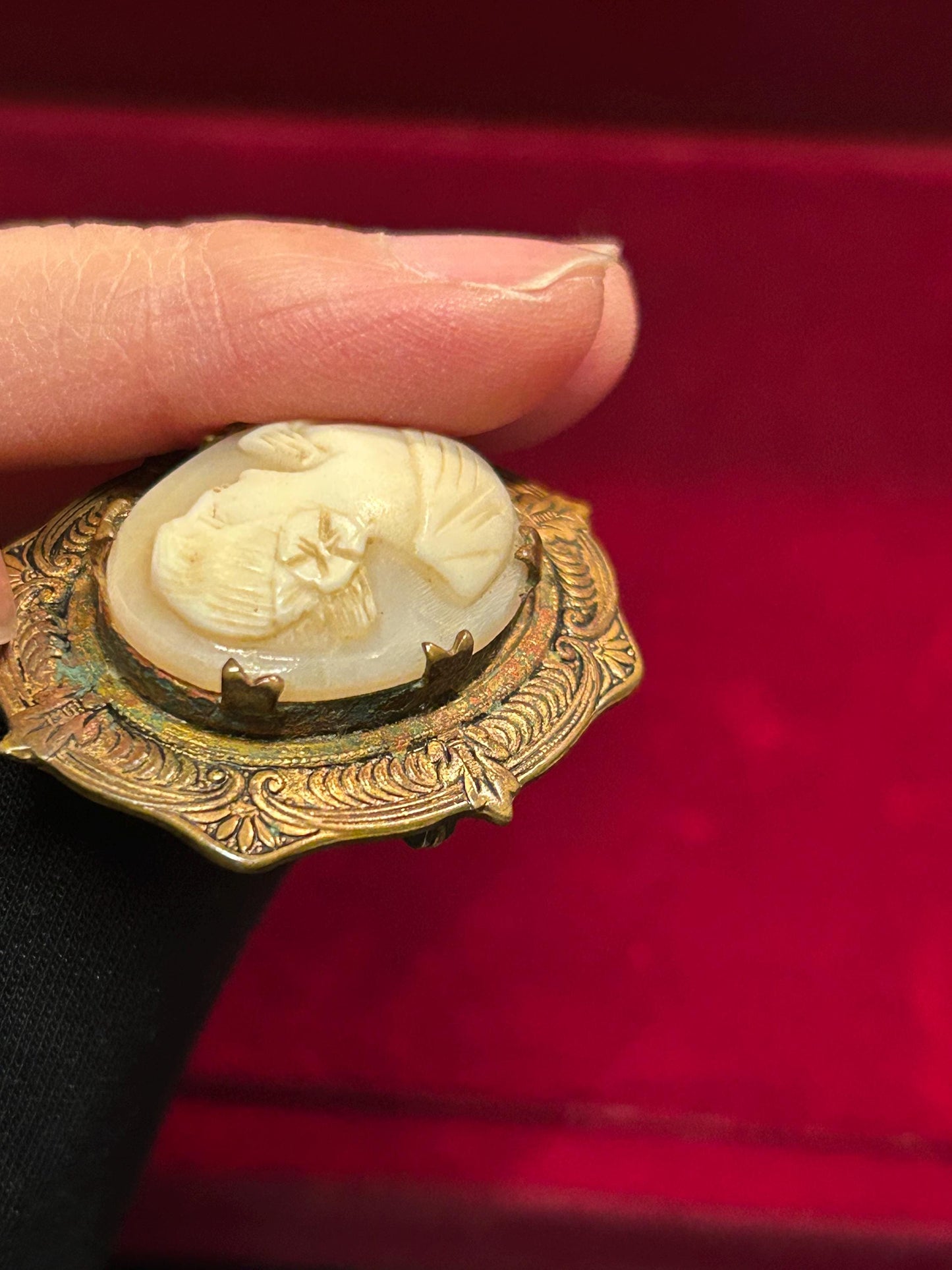 Antique Shell Cameo Brooch Praying Lady Brass Frame 1920s Victorian