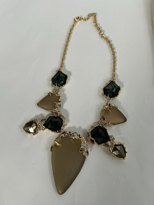 Alexis Bittar Bib Necklace Lucite Moss Agate Pyrite Crystal Statement Gold Tone