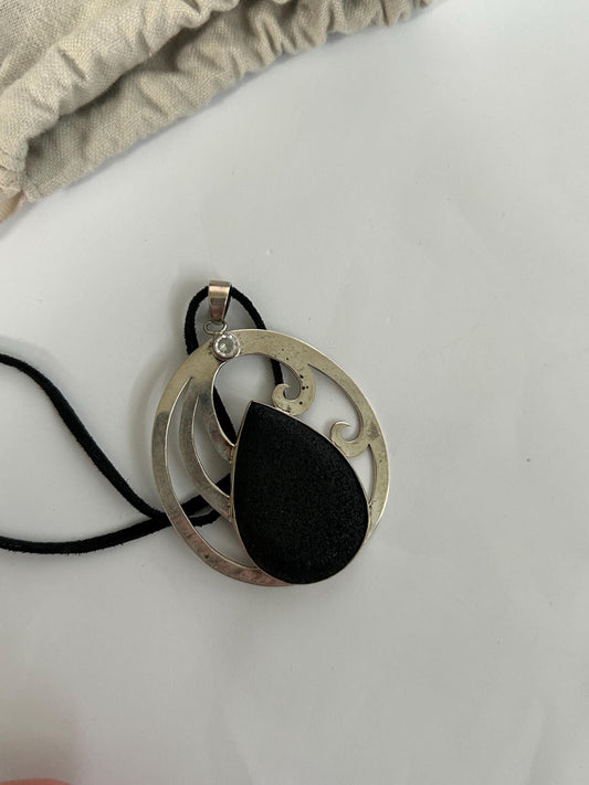 Kupu Kupu Bali Sterling Silver Lava Rock Pendant Necklace Maori Koru Spiral Wave Teardrop Cabochon Boho 925